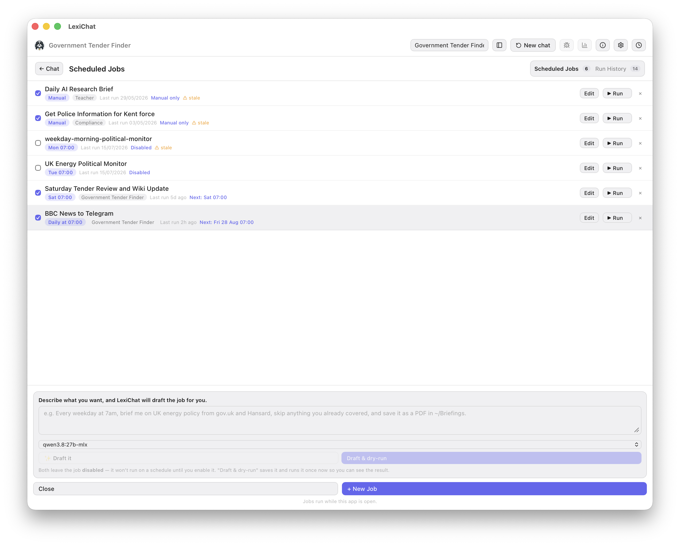 Scheduled Jobs panel listing six jobs with schedule badges, last-run and next-run times, Edit and Run buttons, and the AI job drafting box at the bottom