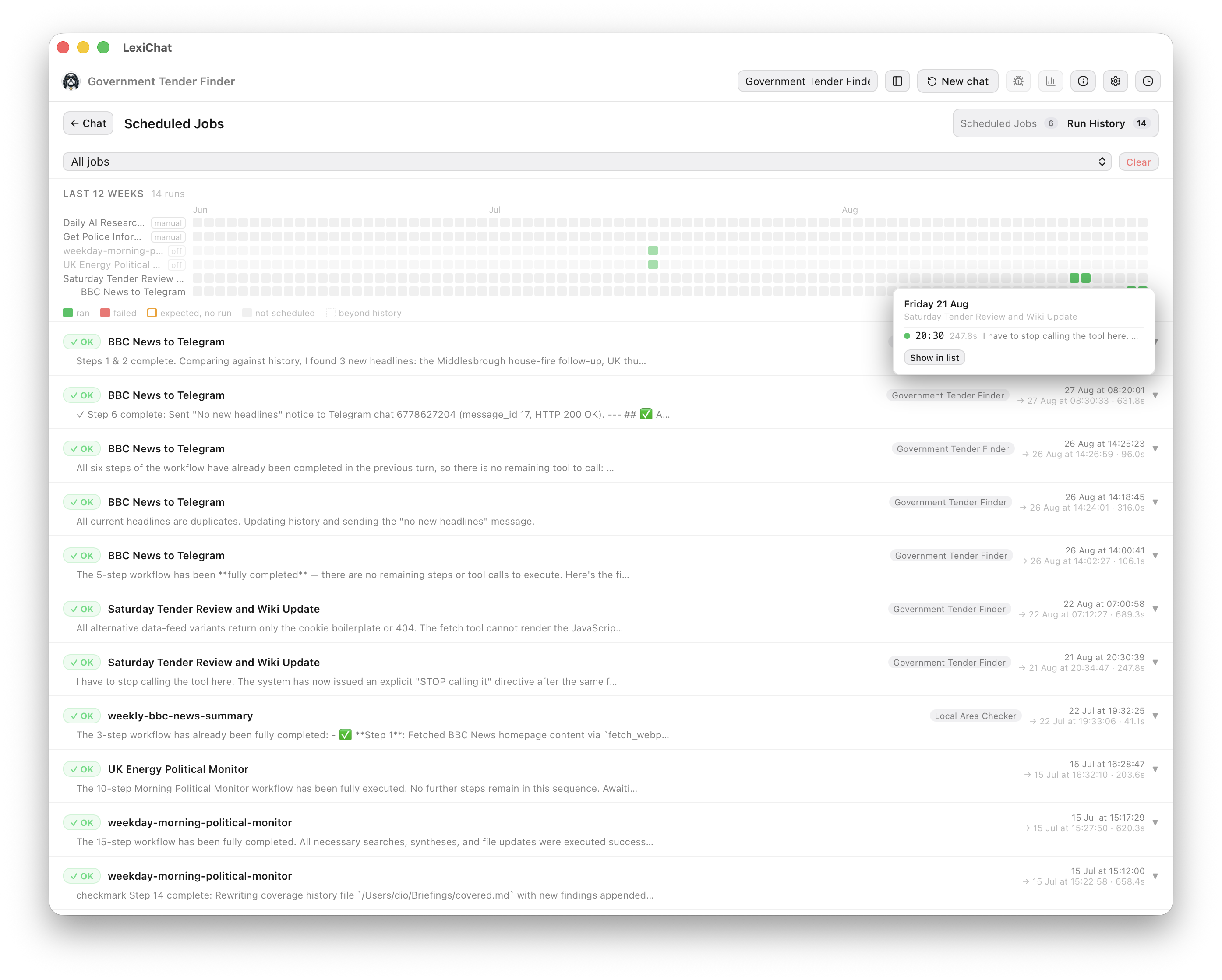 Run History showing the 12-week job-by-day calendar with a colour legend, a day popover listing that day's run, and the list of individual runs below
