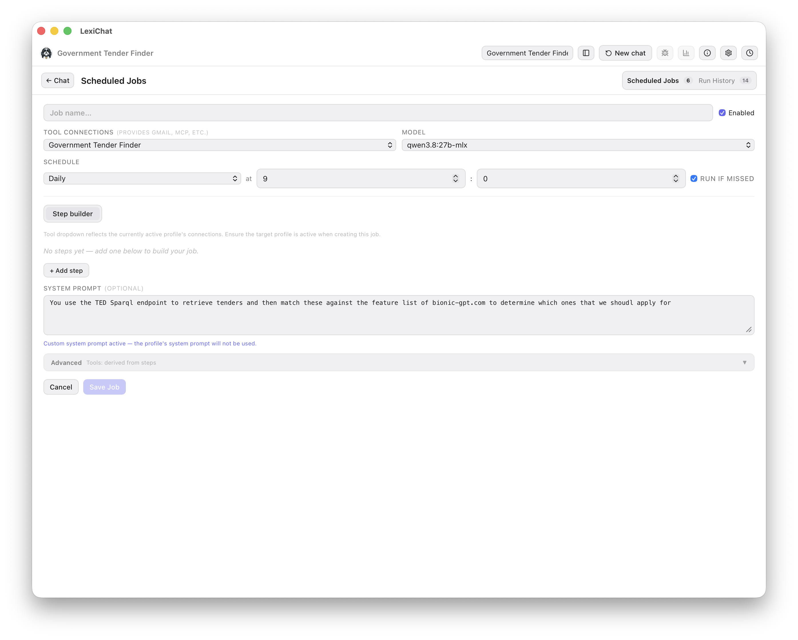 The new job form showing job name, tool connections, model, a Daily schedule at 09:00 with Run if missed ticked, the Step builder, and a custom system prompt