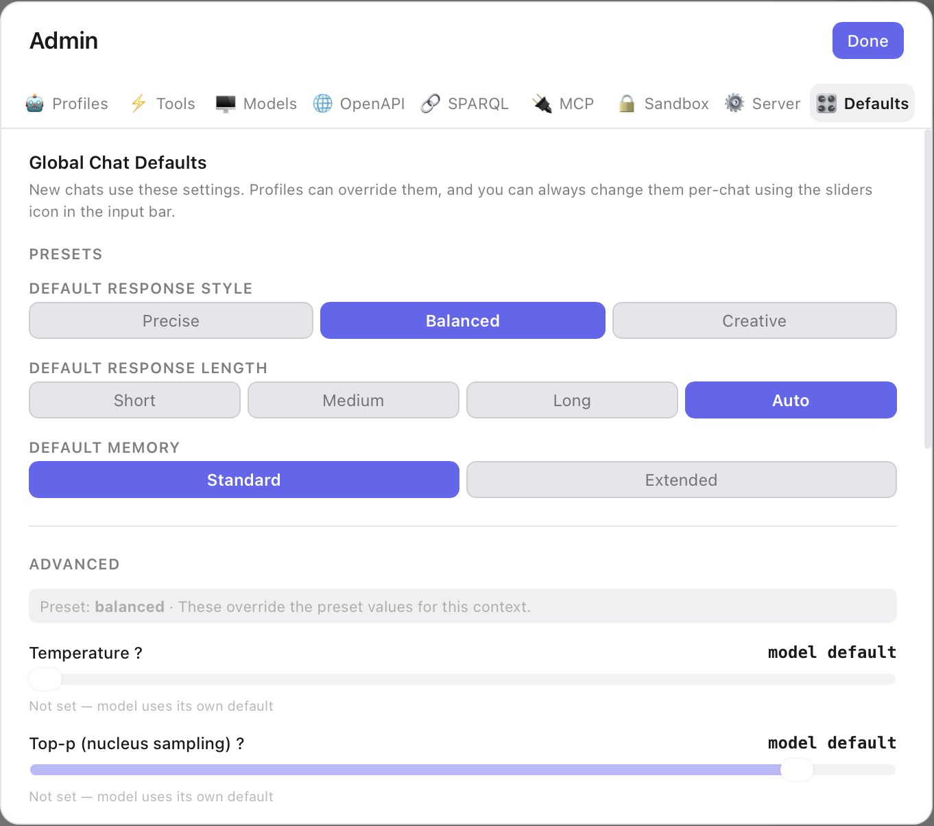 Defaults tab with response style, length, memory presets and advanced sliders
