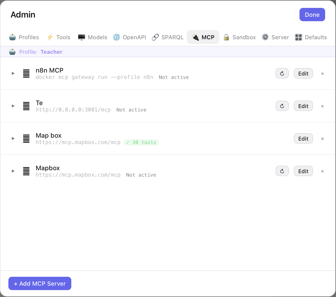 MCP tab listing connected MCP servers with status and tool counts