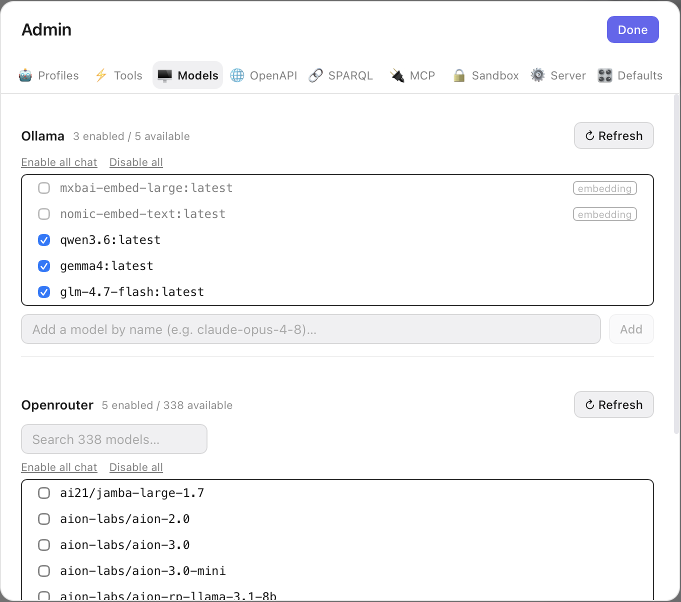 Models tab showing per-server model lists for Ollama and OpenRouter