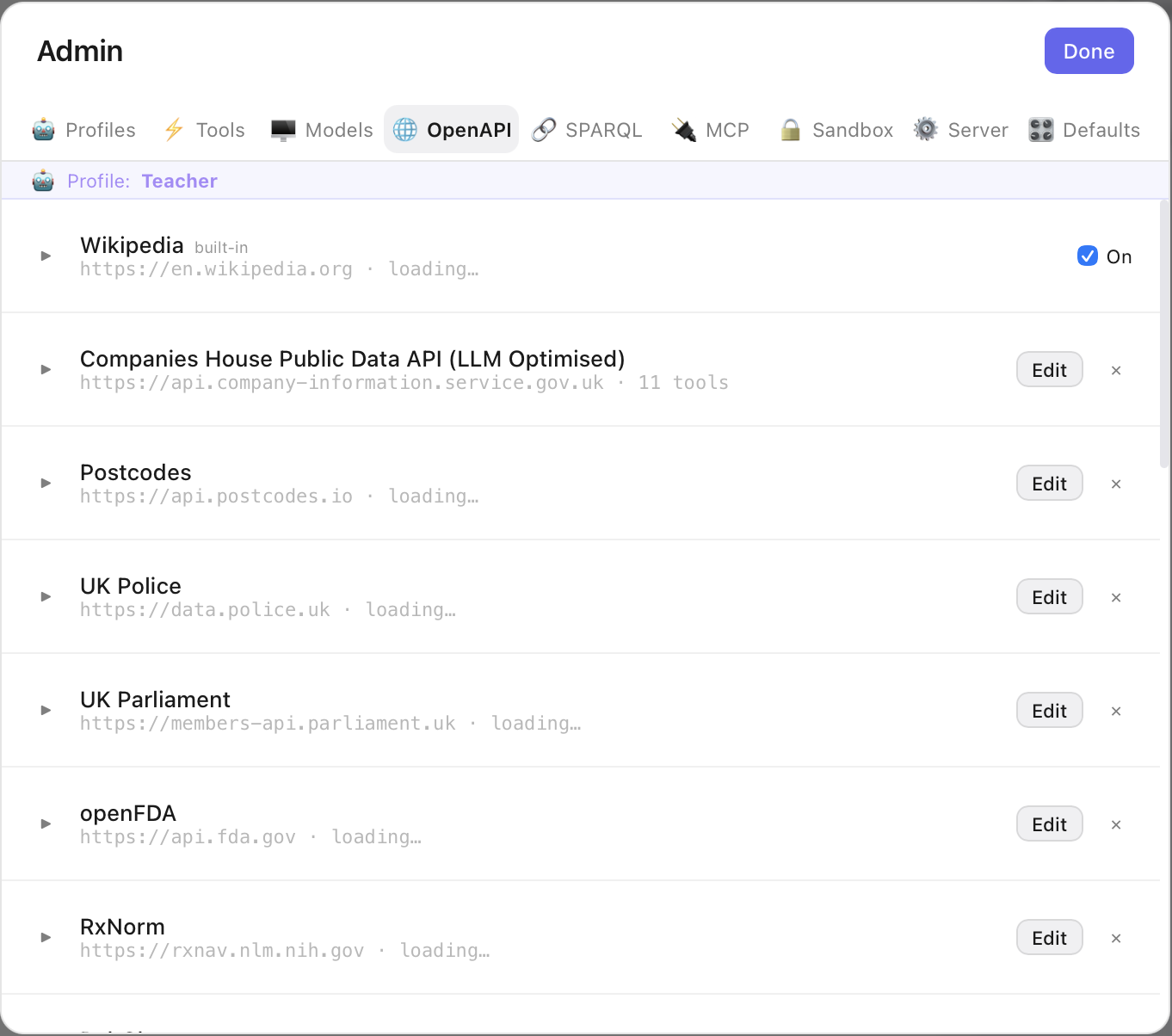 OpenAPI tab listing registered REST API specs