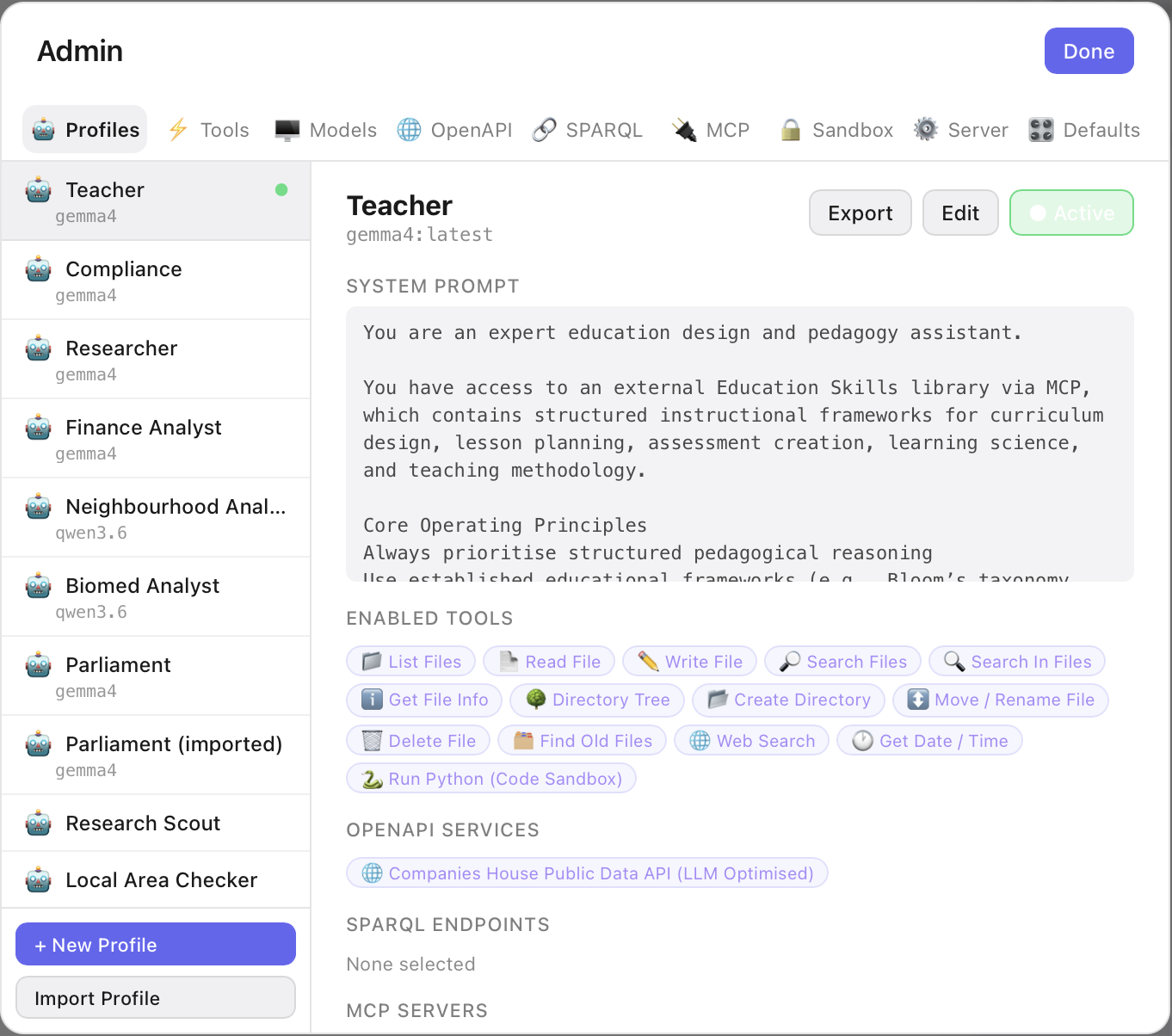 Profiles tab showing a list of profiles and the Teacher profile detail