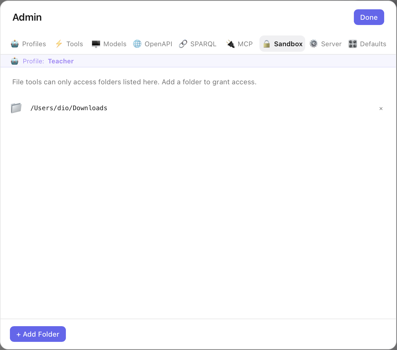 Sandbox tab showing an allowed folder