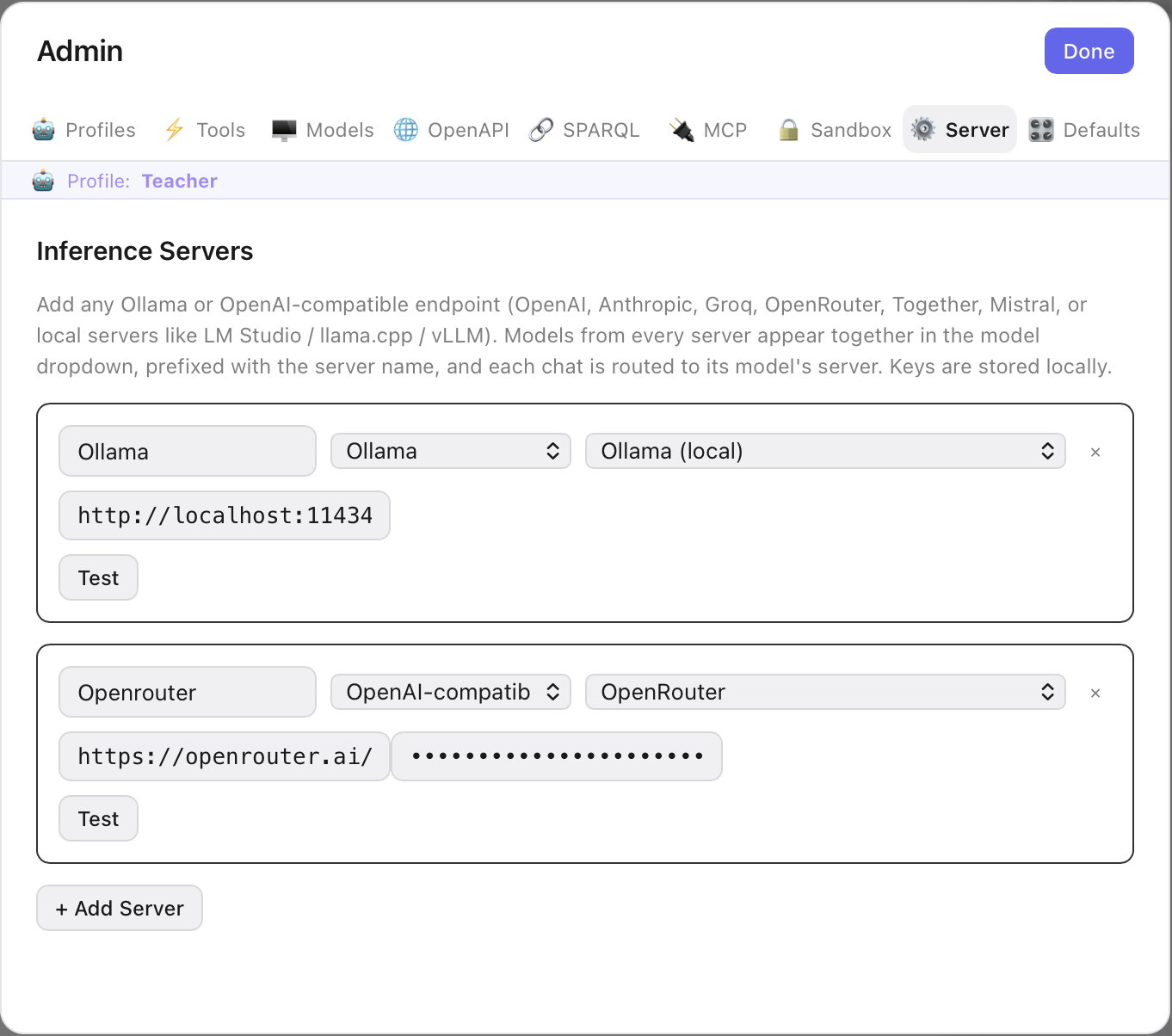 Server tab with an Ollama and an OpenRouter inference server configured