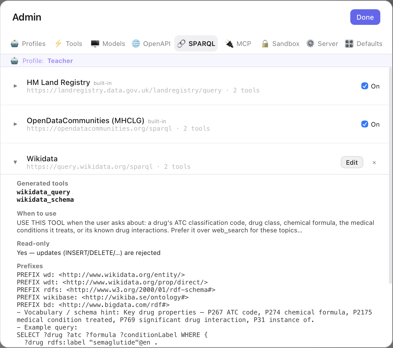 SPARQL tab with an expanded Wikidata endpoint showing its tools and prefixes
