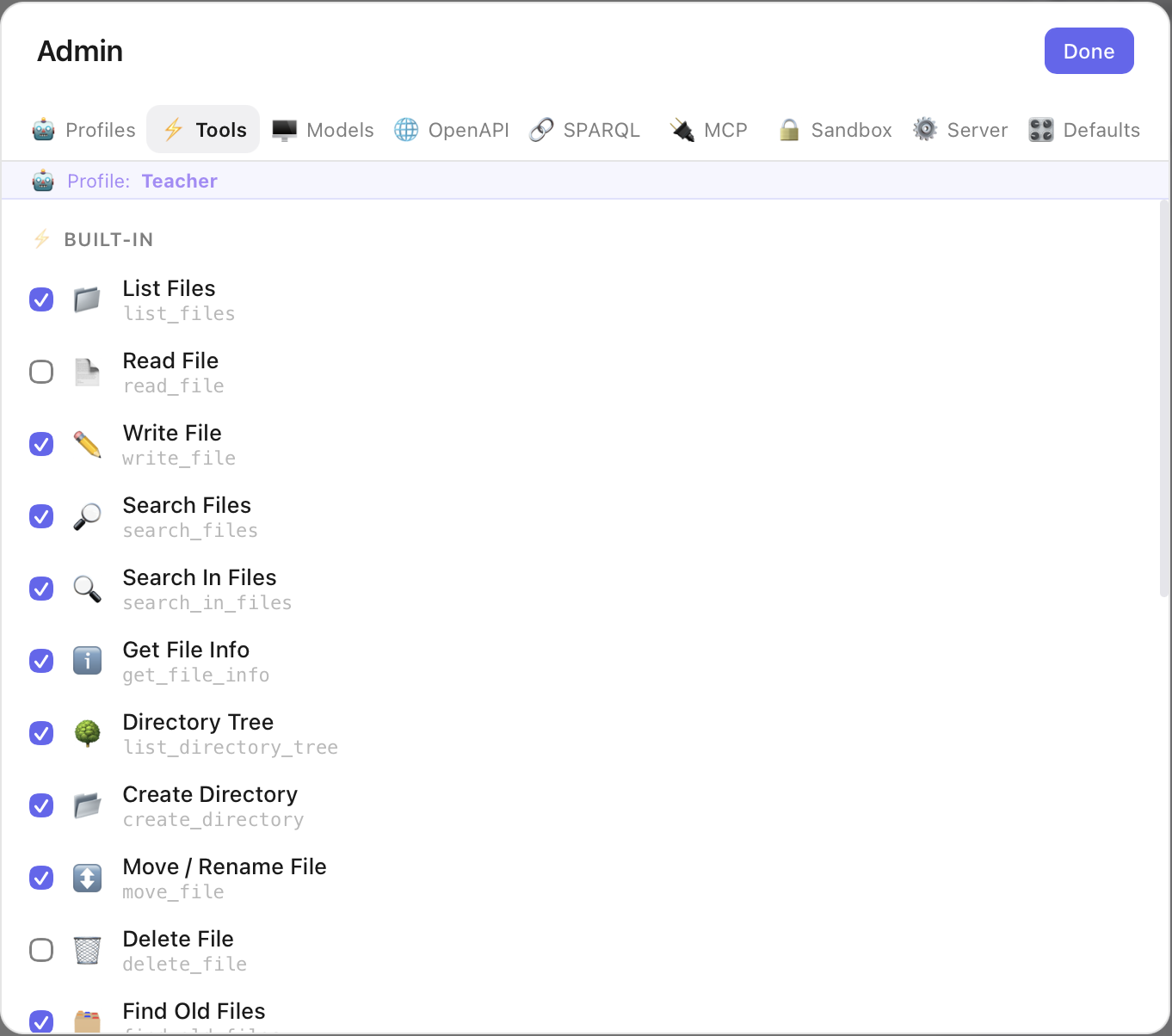 Tools tab with built-in tools and checkboxes